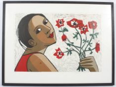 Anita Klein (1960), a signed limited edition linocut portrait of a lady holding anemones.