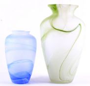 Two modern Italian marbled glass oviform vases. In green and blue, the tallest approximately 30.