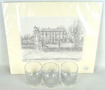 A limited signed print of Hazelgrove House Kings School Bruton and three boxed whisky glasses.