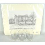 A limited signed print of Hazelgrove House Kings School Bruton and three boxed whisky glasses.