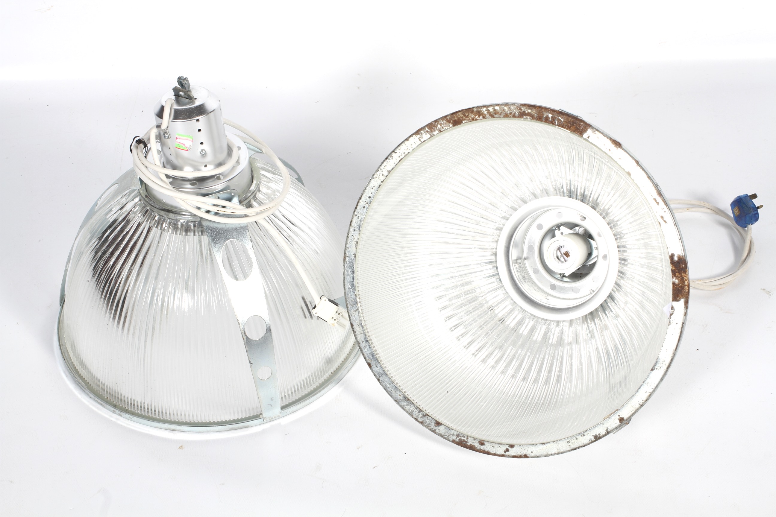 Two Holophane ribbed glass industrial style pendant lights with chromed fittings. - Image 3 of 3