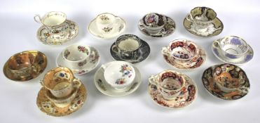 A collection of 19th century English pottery and porcelain trios and teacups and saucers.
