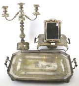 An Aesthetic tray, silver plate hot plate, candelabra and a modern photo frame.