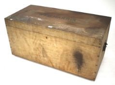 A vintage plywood trunk. With printed name to top reading WLG HARRIS, removable tray to inside.