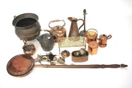 Vintage copperware and other metalware. Including a tea caddy, ewer, trivet, bed pan, etc.