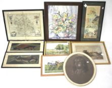 A collection of paintings, a print and a map.