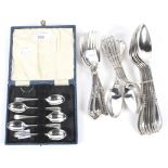 A set of five silver teaspoons and a collection of Walker and Hall silver plated flatware.