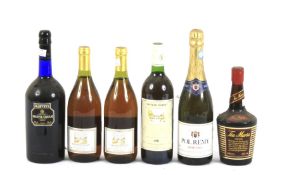 An assortment of alcohol. Including wines, Bristol Cream sherry, Tia Maria, Pol Remy Demi Sec etc.