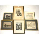 An assortment of framed and glazed prints. Including maps of South Wales, topographical views, etc.