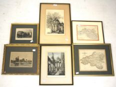 An assortment of framed and glazed prints. Including maps of South Wales, topographical views, etc.