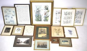 A quantity of prints and pictures. Motifs include flowers, Wells Cathedral, Brent Knoll, etc.