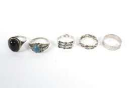 A collection of five ladies white metal rings. Some marked silver or 925, combined weight approx 16.