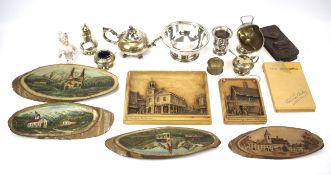 Assorted items of silver plate, various wood carvings and other items.