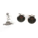 A pair of George VI 1948 enamelled halfpenny cufflinks and a silver and marcasite Mercury badge.
