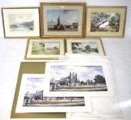 An assortment of pictures and prints. including watercolour landscapes, some signed.