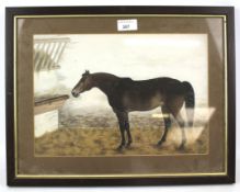 F Evans, 1879, a gouache painting of a horse in a stable. Signed and dated lower right.