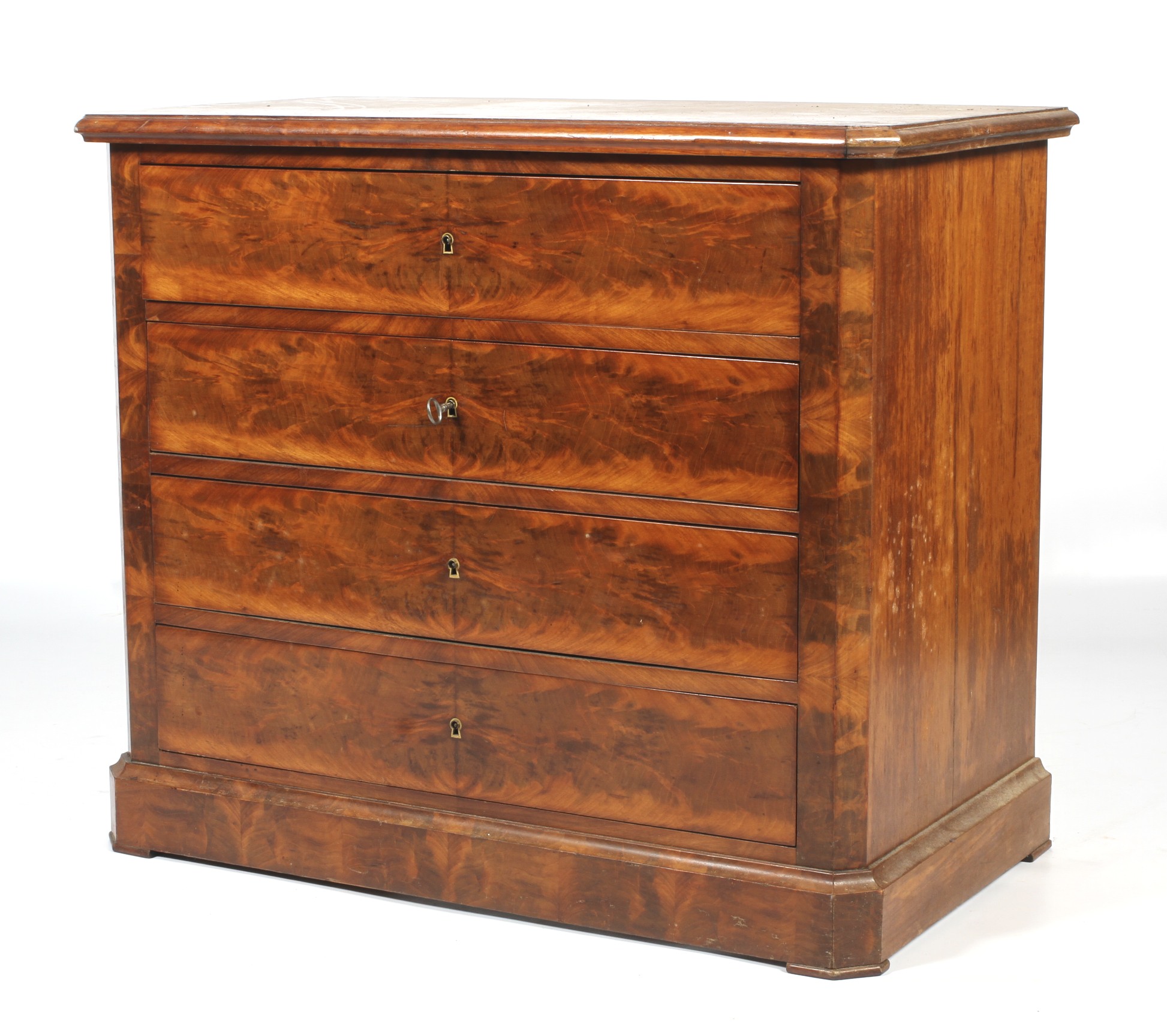 19th century Continental mahogany commode with four flame mahogany veneered drawers. L90cm x D48.