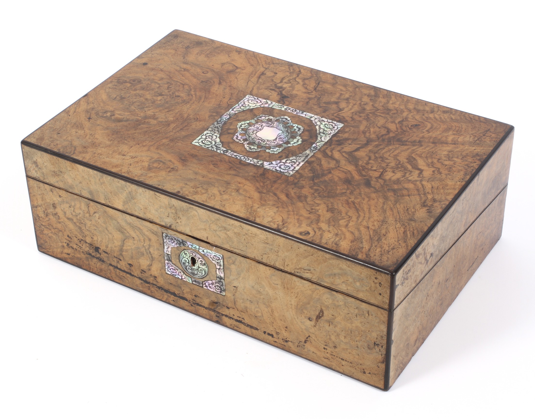 A Victorian walnut and mother-of-pearl inlaid stationary box.