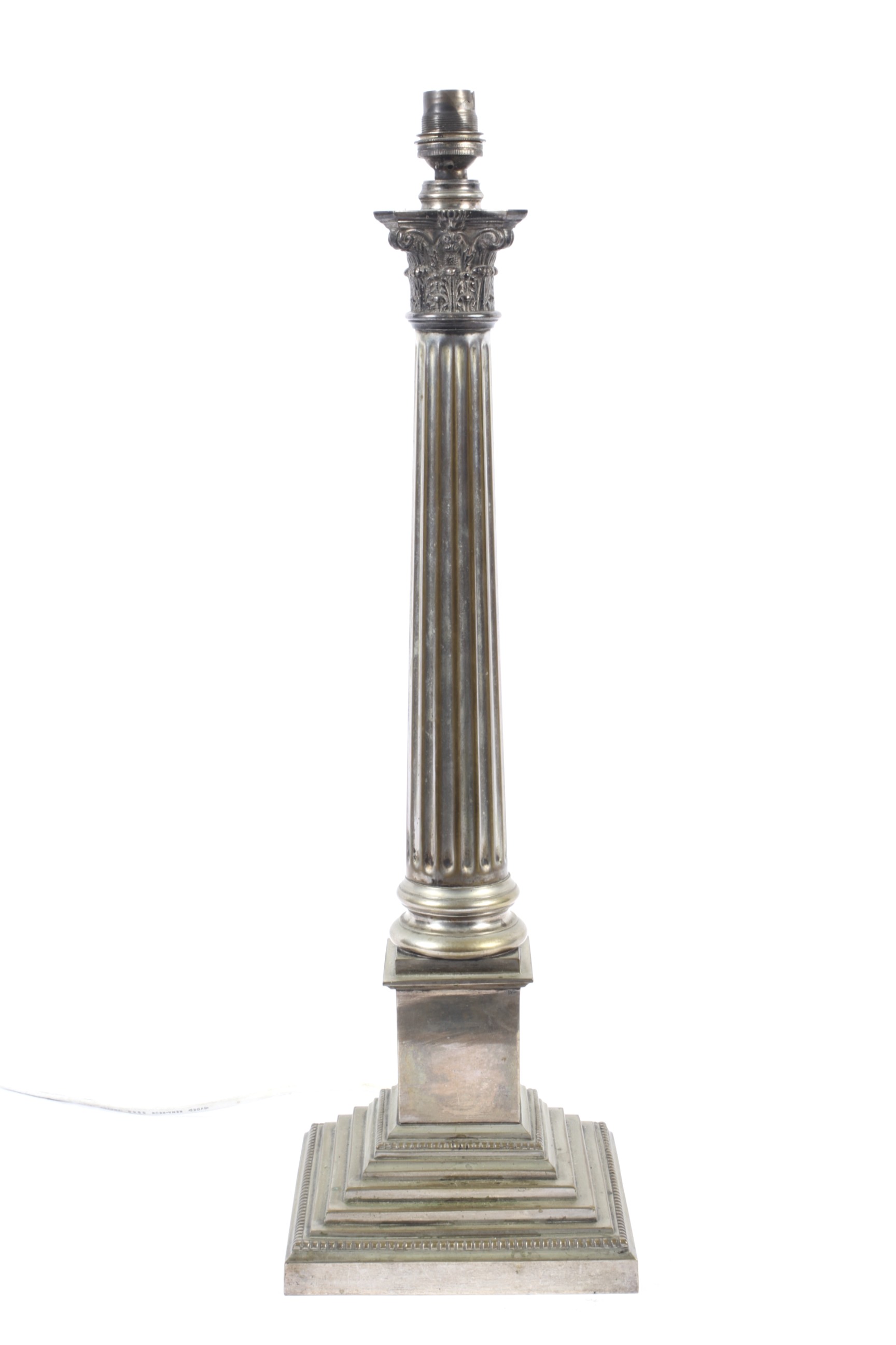 A silver plated Corinthian column table lamp with stepped base. H54.