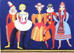 Mid-20th century felt and needlework panel depicting clowns and dancers.