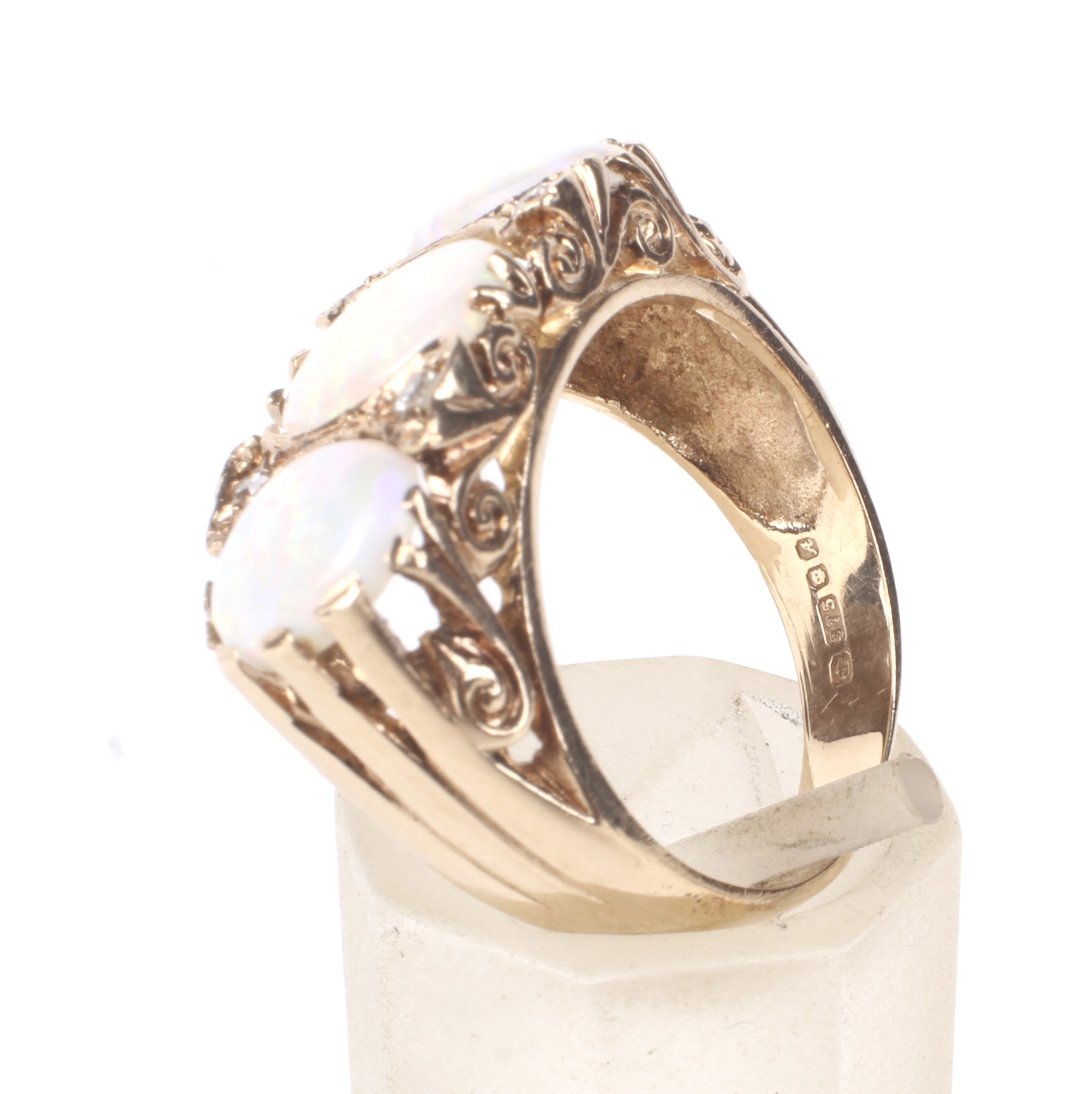 A vintage 9ct gold, opal and diamond carved half-hoop ring. - Image 4 of 4