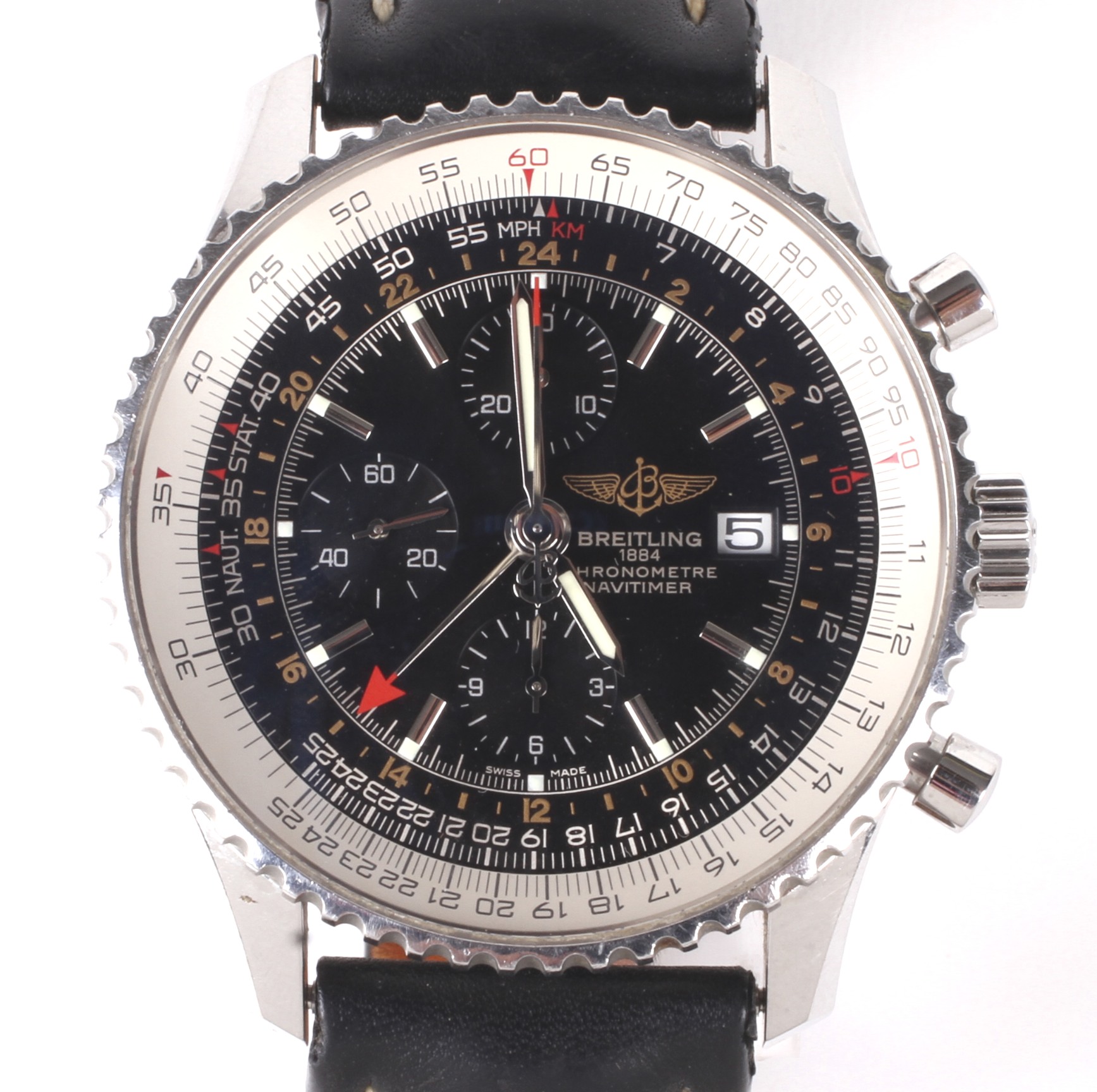 A gentleman's Breitling Navitimer World stainless steel cased automatic chronograph wristwatch.