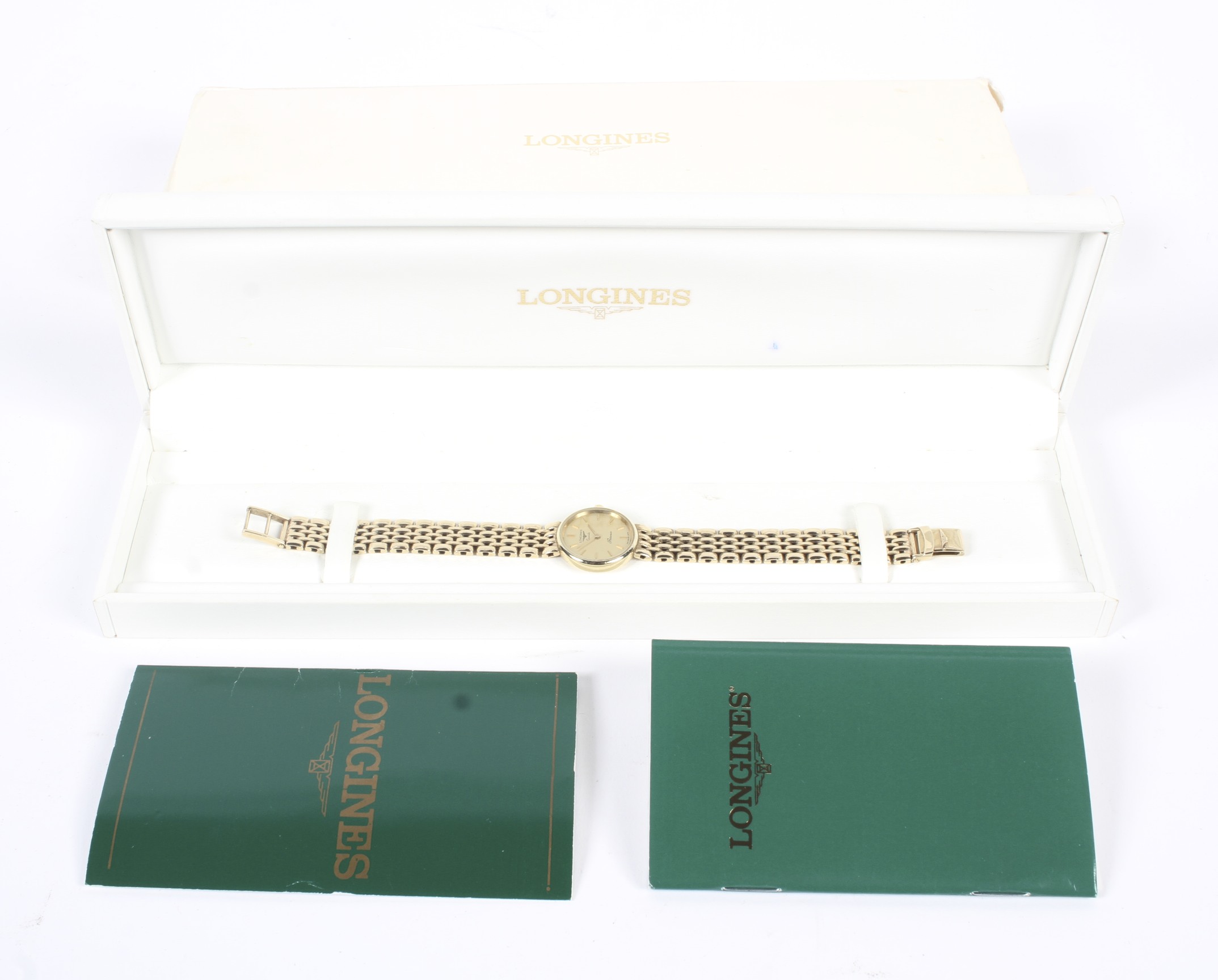 A Ladies 9ct gold Longines wristwatch with original gate bracelet hallmarked 375 with original box - Image 4 of 4