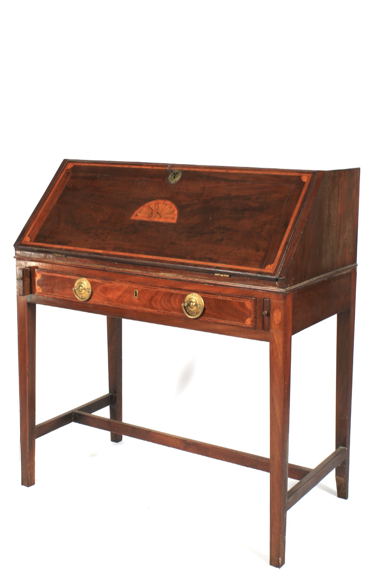 A 19th century mahogany inlaid Sheraton desk on stand.