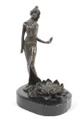 After Milo, an Art Nouveau style bronze sculpture of a lady by a lotus or water lily.