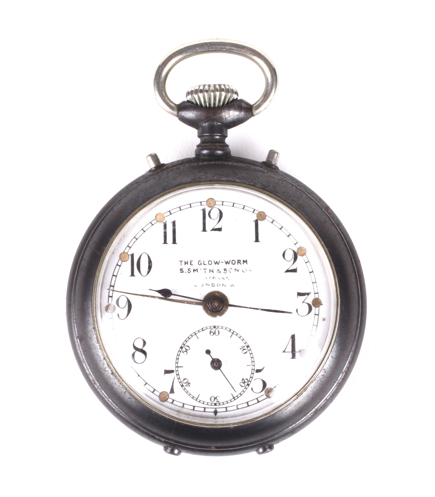 An early 20th century gun metal cased open faced pocket watch/alarm 'The Glow-Worm'.