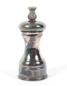 A silver pepper grinder with thistle finial. Maker Sidney Beddall, Sheffield 1968. Weight 162 grams.
