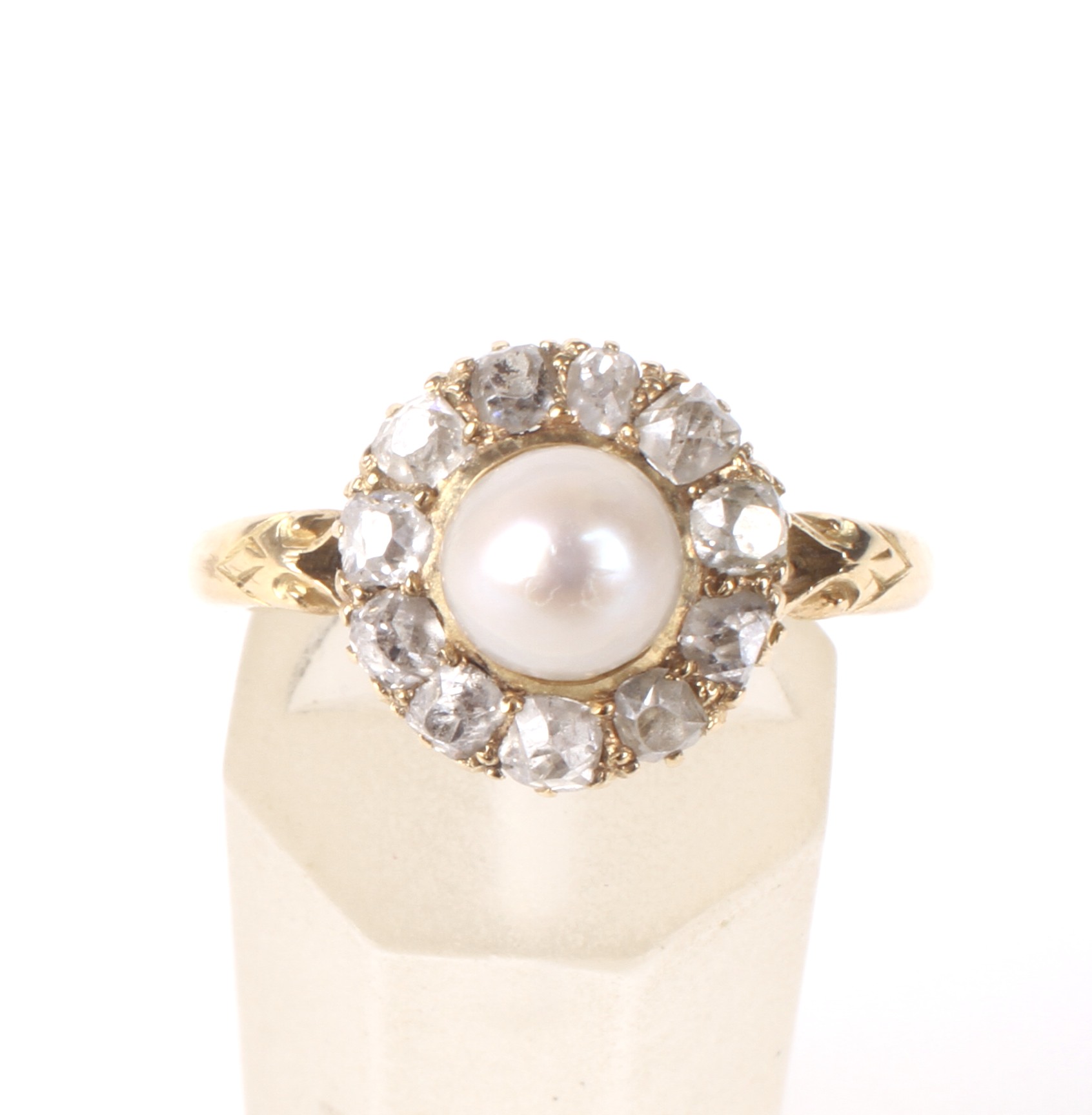 A late Victorian gold, 'pearl' and diamond cluster ring. - Image 2 of 4