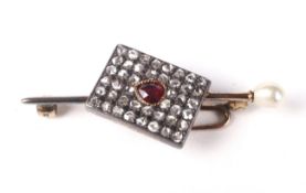 A late Victorian/Edwardian gold, ruby, untested-pearl and diamond brooch.