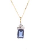 A modern 18ct bi-colour gold, sapphire and diamond pendant and necklace.