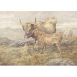 Basil Bradley (1842-1904), Highland Cattle in landscape, watercolour. Signed lower left, 23.