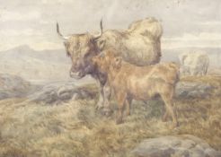 Basil Bradley (1842-1904), Highland Cattle in landscape, watercolour. Signed lower left, 23.