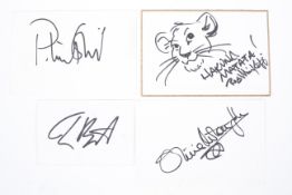 Four signed autographs. To include, Tim Burton, Patric Stewart, Rob Minkoff and Olivia Newton John.