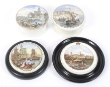 A collection of 19th century pottery prattware pot lids and an ointment pot similar.