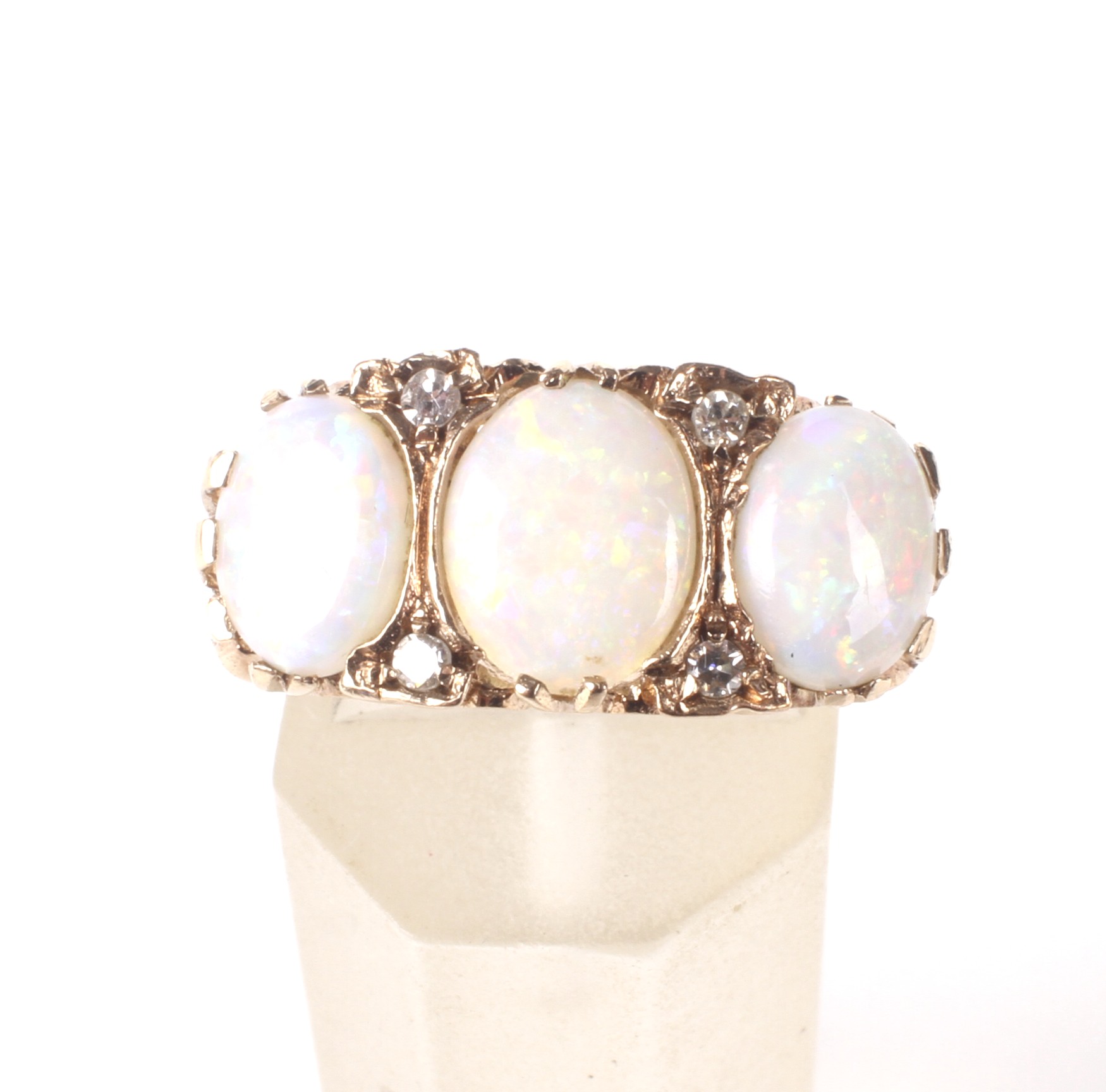 A vintage 9ct gold, opal and diamond carved half-hoop ring. - Image 2 of 4