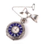 A silver and enamel cased keyless fob watch and fob.