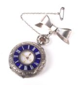 A silver and enamel cased keyless fob watch and fob.