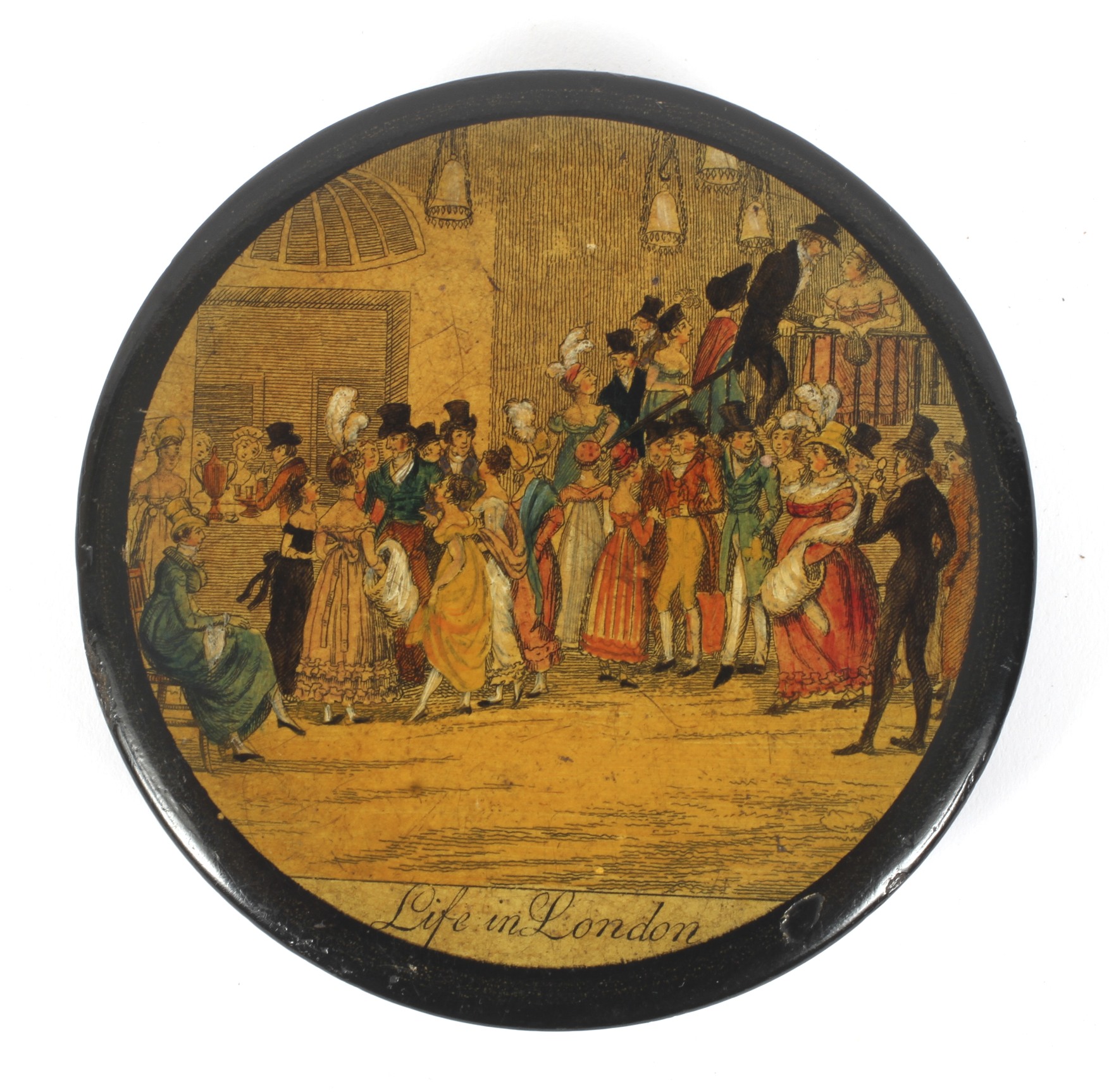 A 19th century lacquered papier mache circular snuff box. - Image 2 of 2