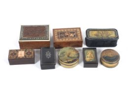 A collection of 19th/20th century wooden boxes, including Tunbridge Ware.