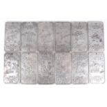 A set of twelve Chinese white metal zodiac ingots. All depicting a different animal, all signed.
