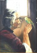 20th century Australian School, lady with parakeet, oil on board.