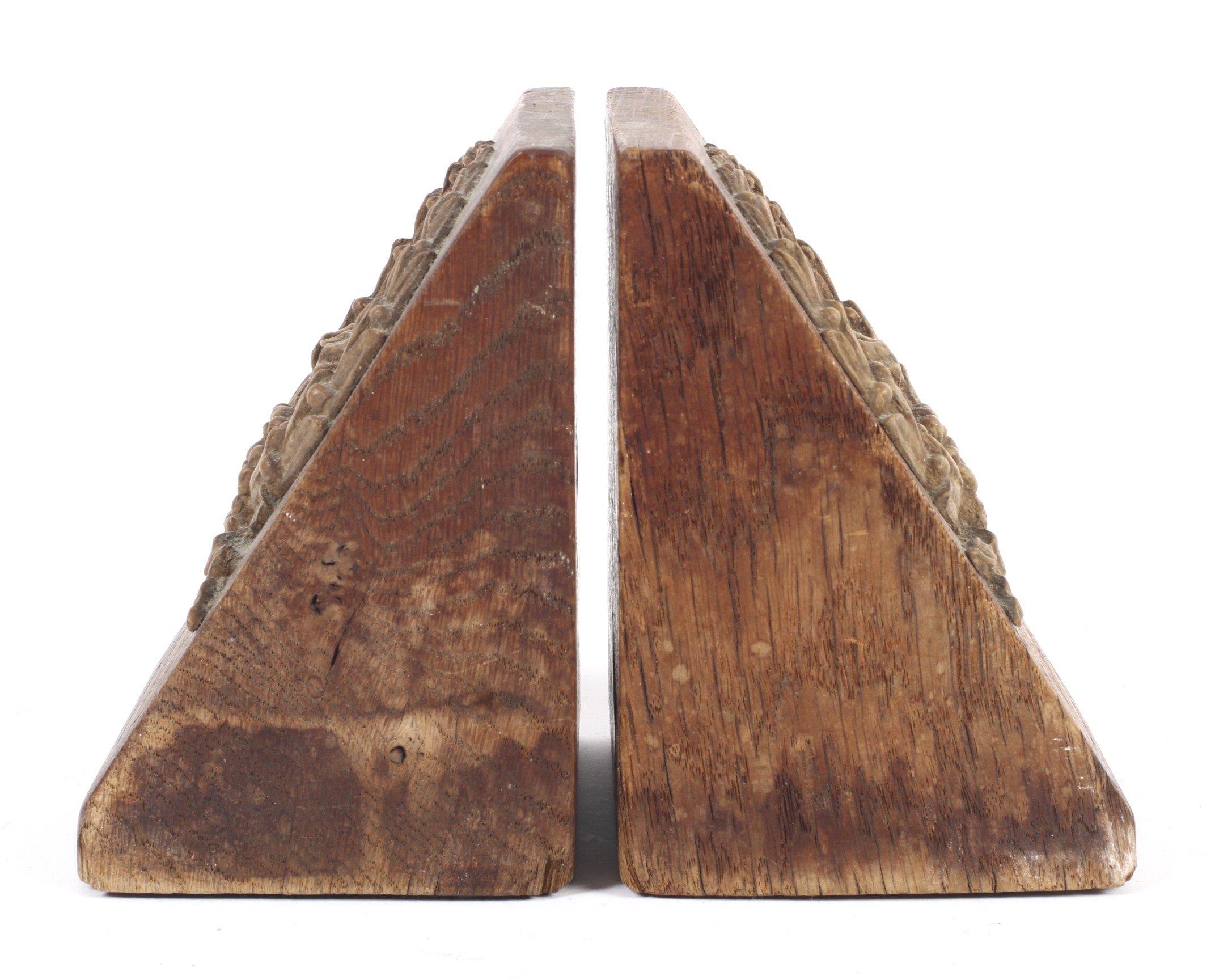 A pair of early 20th century arts and crafts oak bookends. - Image 2 of 2
