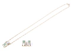 A pair of French gold, emerald, mother of pearl and diamond earrings and matching pendant on chain.