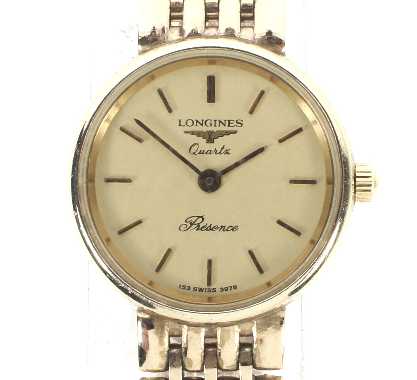 A Ladies 9ct gold Longines wristwatch with original gate bracelet hallmarked 375 with original box