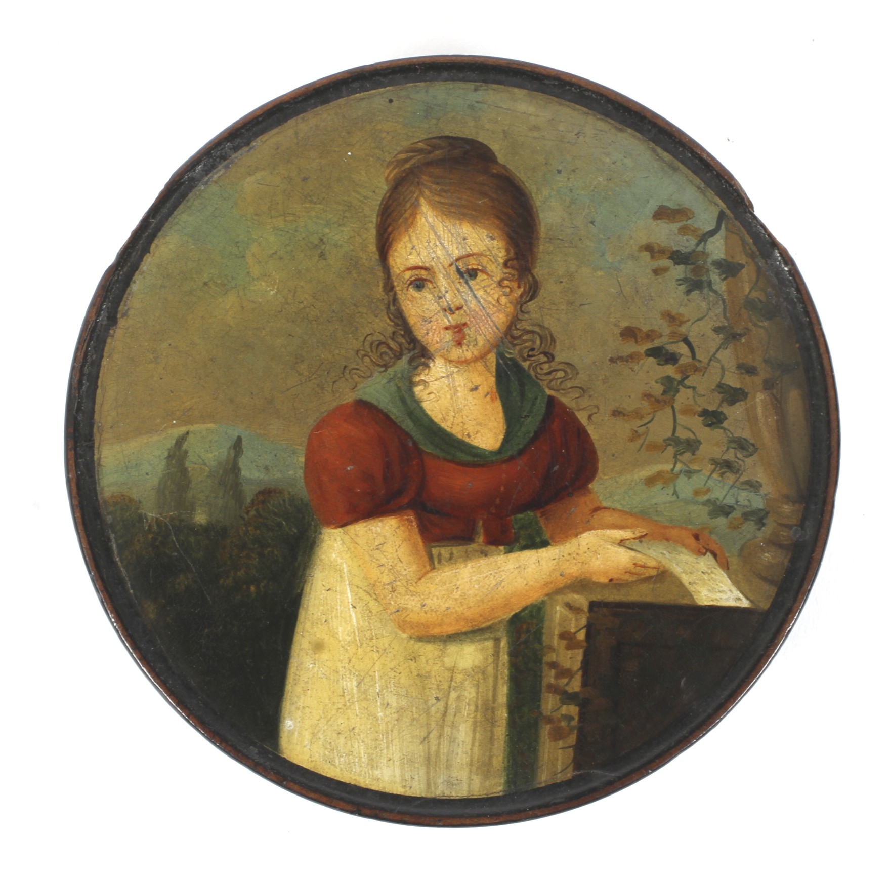 An early 19th century lacquered papier mache circular snuff box. - Image 2 of 2