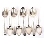 Eight assorted Georgian silver serving spoons. Various makers and ages.